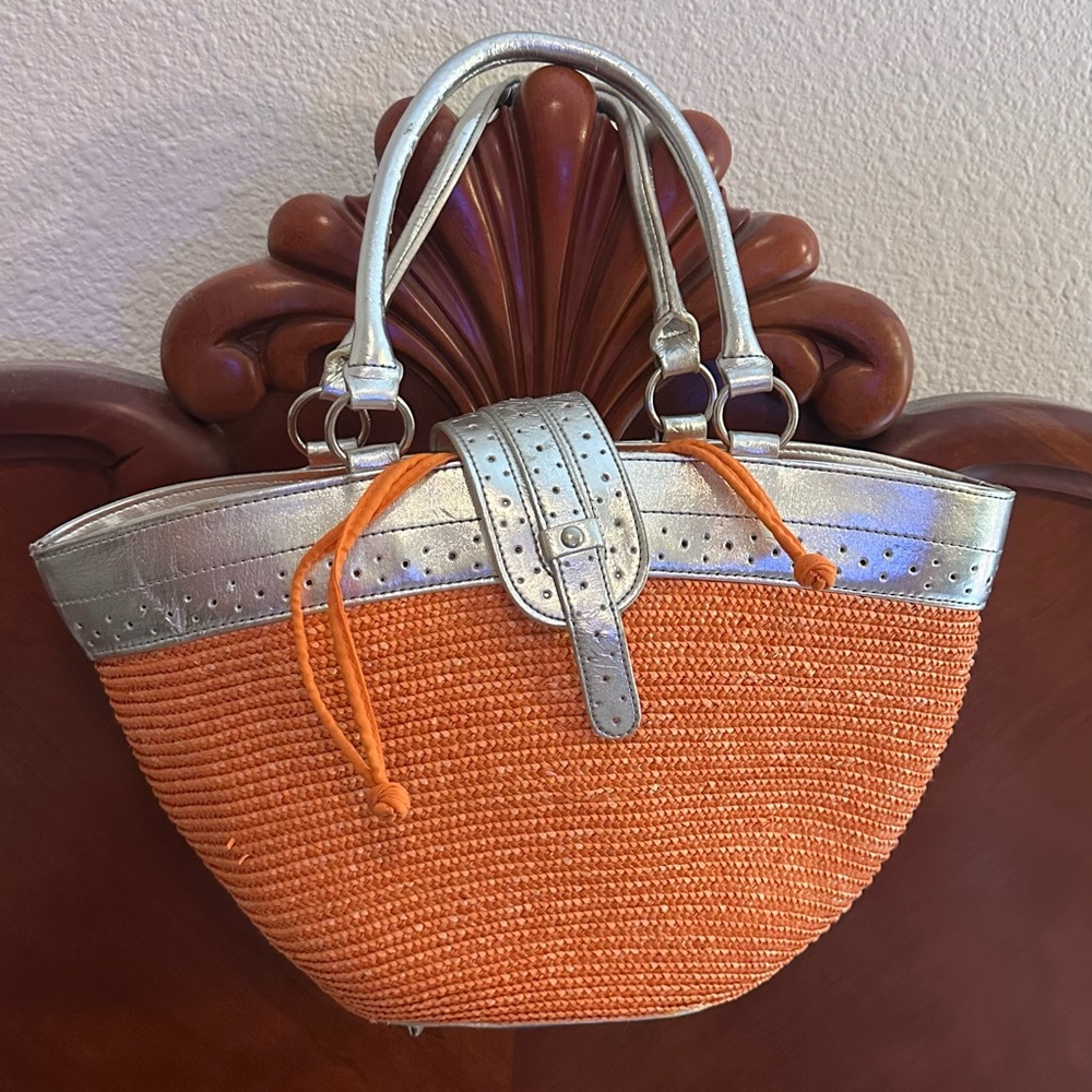 Silver and Orange Woven Tote Bag